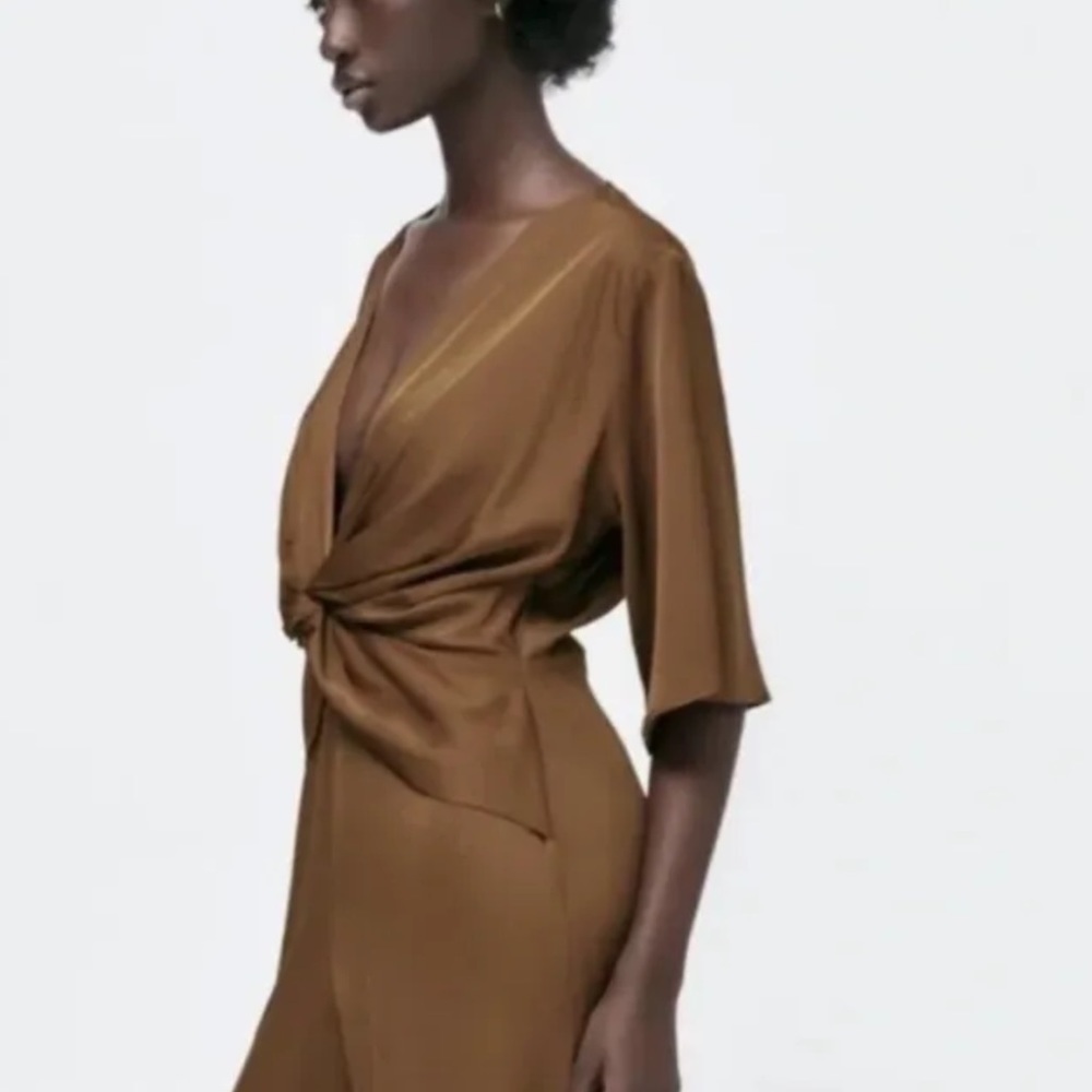 Zara Brown Satin Effect Twisted Effect Plunging Neckline Jumpsuit Size X… - Picture 13 of 16
